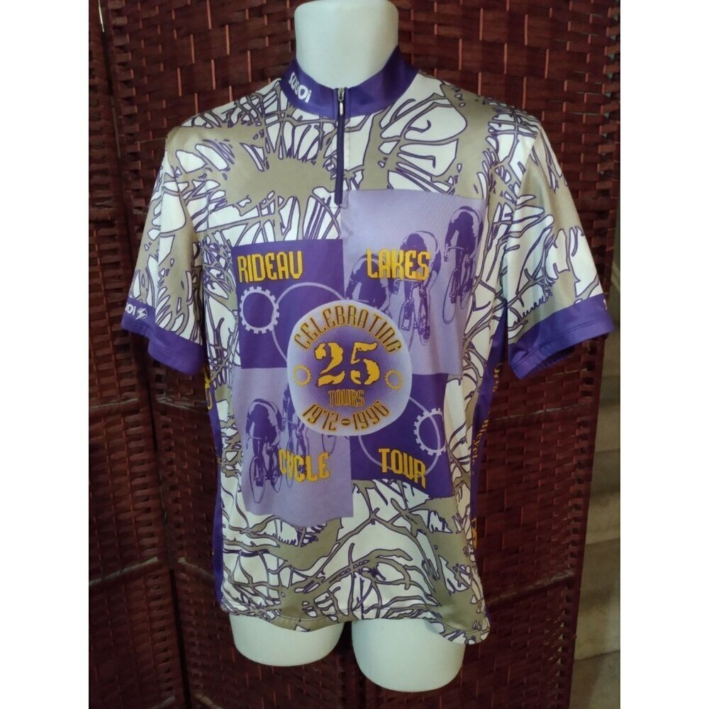 Vintage 90s Cycling Jersey All Over Print Rideau Lakes Cycle Tour Large 1/4 Zip